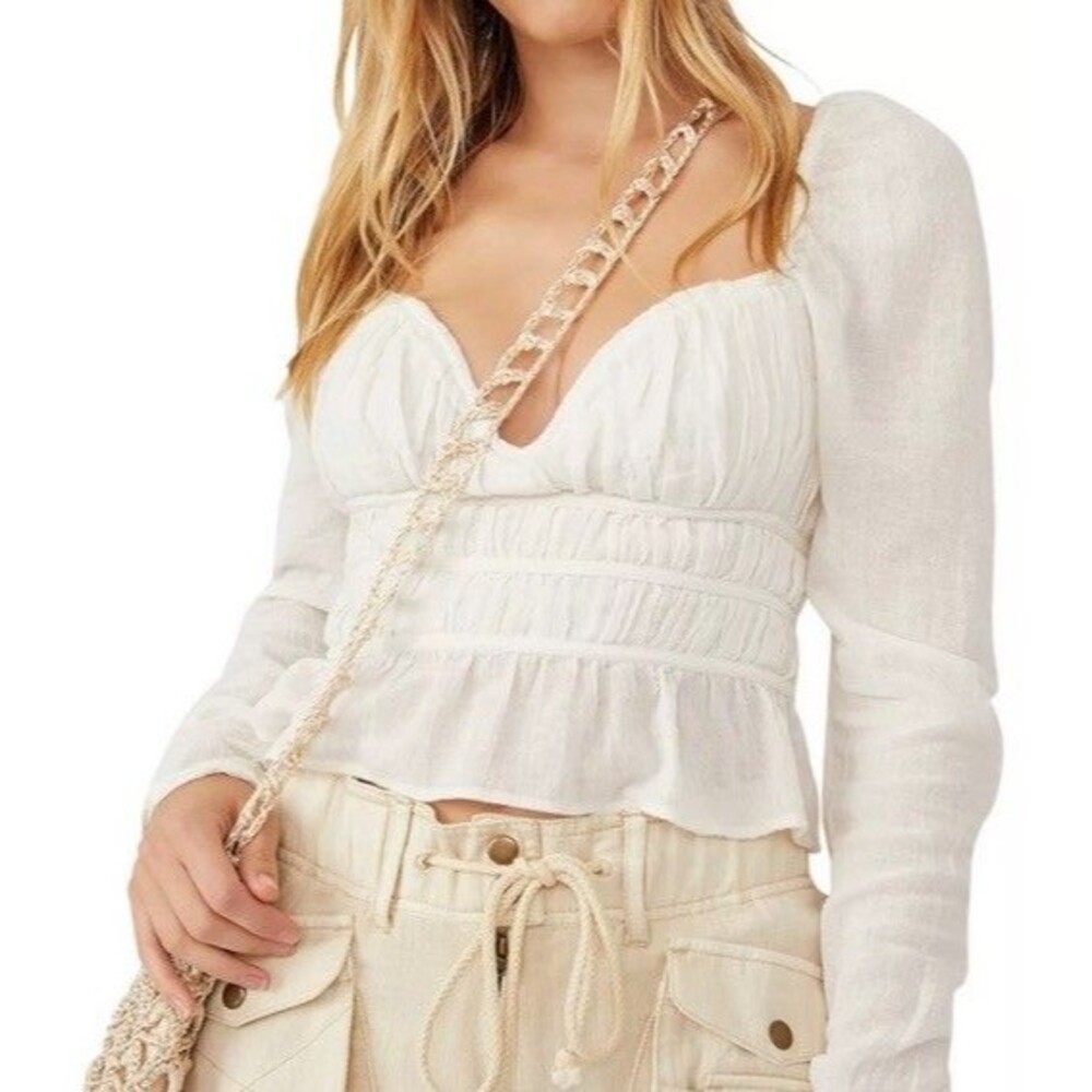 Free People Size M Chloe Top in White Long Sleeve NWT